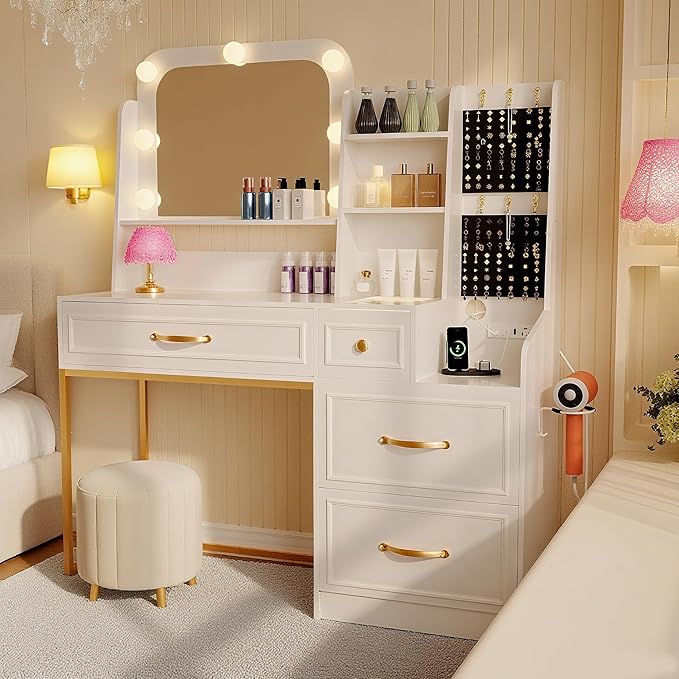 Makeup Vanity Desk with Mirror and Lights,Glass Top Dresser with Charging Station,Vanity Table with Storage and Jewelry Stand,Dressing Table,edroom Makeup Desk for Women,White