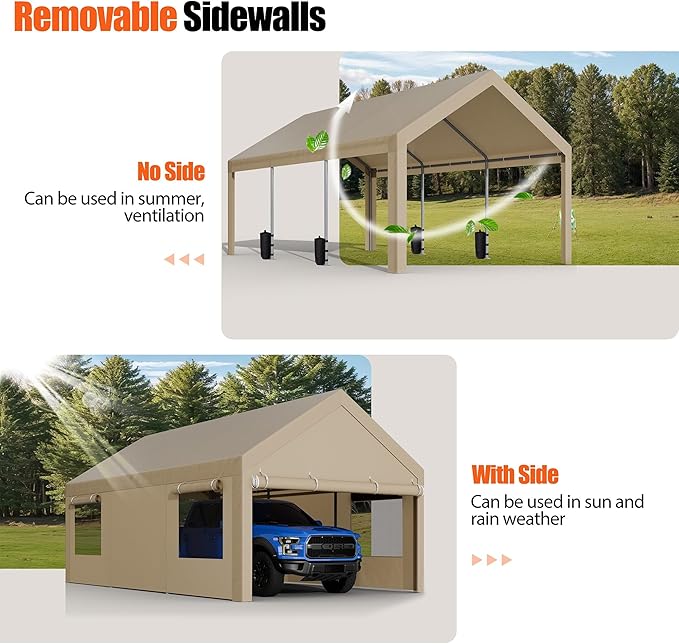 JAMFLY Carport, 12x20 ft Heavy Duty Carport with Roll-up Windows, Portable Garage with Removable Sidewalls & Doors, Car Canopy with Sandbags and All-Season Tarp for Car Boat Truck Motorcycle, Khaki