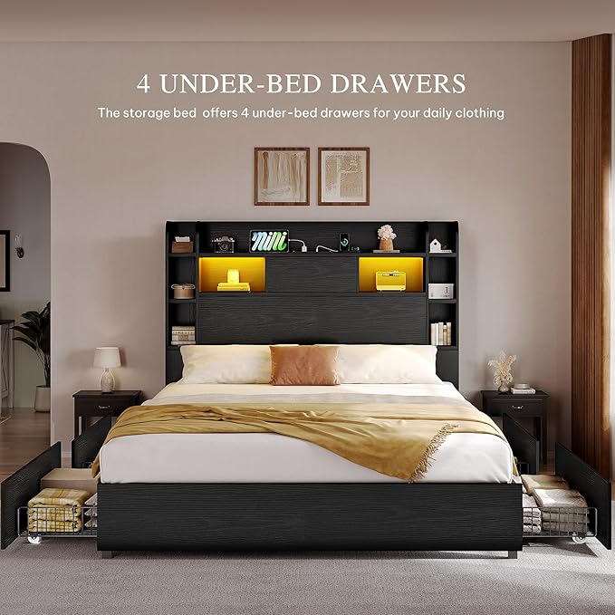 YITAHOME Queen Size Bed Frame with Bookcase Headboard and 4 Storage Drawers, RGB LED Bed Frame with Type-C & USB Charging Station Storage Headboard Bed, No Box Spring Needed, Noise Free, Black