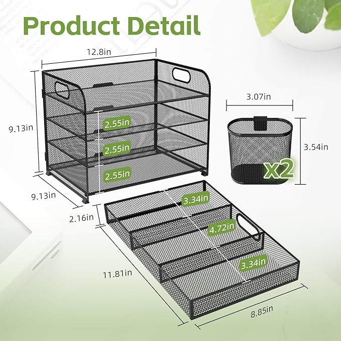 Desk Organizer and Accessories，4-tier Paper Letter Tray Organizer, Desk File Organizer with Drawers and 2 Pen Holders for School and Home Office Supplies (black)