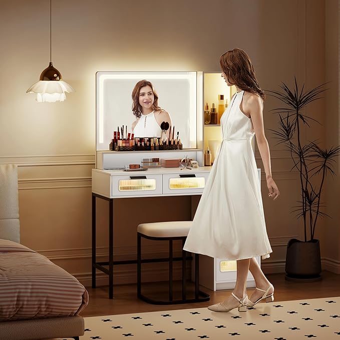Vanity Desk with Mirror and RGB Lights, Makeup Vanity Desk with Wireless Charging Station,Large Dressing Table Set with Stool,LED Vanity Table with 6 Drawers/Cabinet/Shelves for Bedroom, White