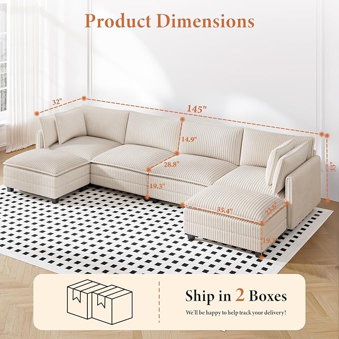 Vesgantti 143" U Shaped Sectional Modular Couch, Comfy Corduroy Upholstered Modular Cloud Sofas for Living Room, Modern Sectional Sofa with 2 Ottoman Deep Seat, Beige