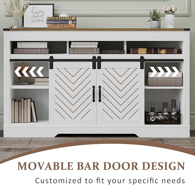 Farmhouse TV Stand for 65+ Inch TV, Tall Entertainment Center with Sliding Barn Doors, Rustic Wood Storage Cabinet Television Media Console for Living Room, Bedroom (Wood-Tone and White)