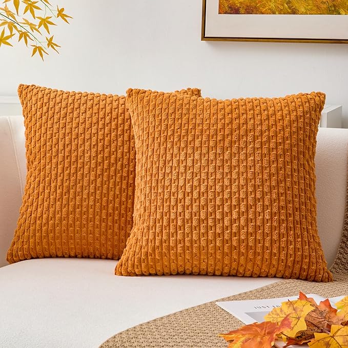 Kevin Textile Fall Throw Pillow Covers Soft Corduroy Decorative Set of 2 Boho Striped Pillow Covers Pillowcases Farmhouse Home Decor for Couch Bed Sofa Living Room 18x18 Inch Orange Yellow