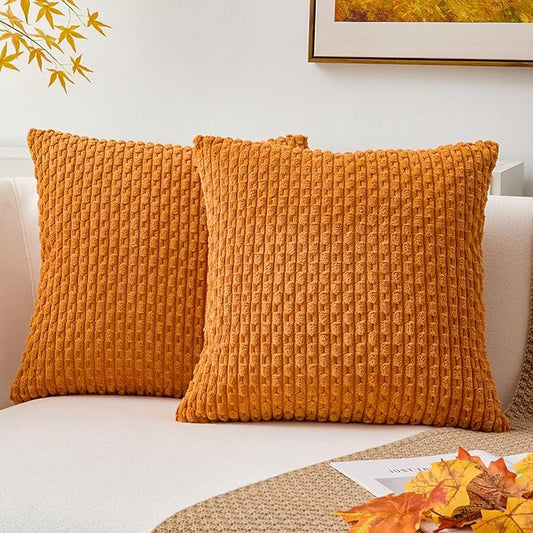 Kevin Textile Fall Throw Pillow Covers Soft Corduroy Decorative Set of 2 Boho Striped Pillow Covers Pillowcases Farmhouse Home Decor for Couch Bed Sofa Living Room 18x18 Inch Orange Yellow