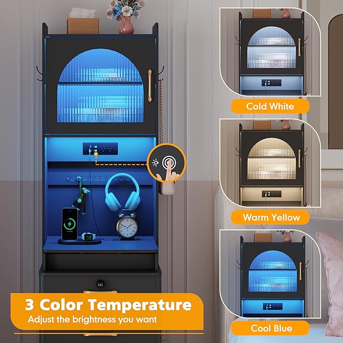 KAMABOKO Vanity Desk with Mirror and Lights, Large Makeup Vanity Table Set with Drawers & Cabinets & Power Outlet, 3 LED Lights Modes Adjustable (029 Black)