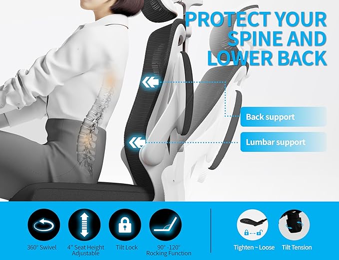 Ergonomic Office Chair - Computer Desk Chair with Adjustable Lumbar Support - 300lbs Executive Desk Chair High Back with Headrest Flip-Up Arms for Long Hours, Rolling Chair (White Black)