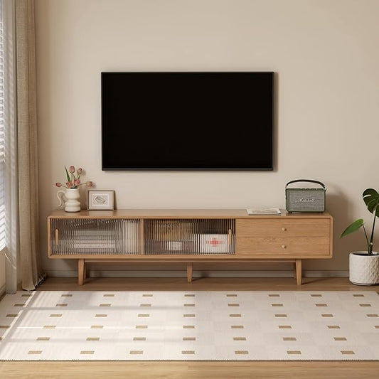 70.87" L Solid Oak Wood TV Stand for 65-80 Inch TVs, Glass Sliding Door TV Console with 3 Drawers and 2 Cabinets, Entertainment Center with Storage Cabinets TV Stands for Living Room (Log Color)