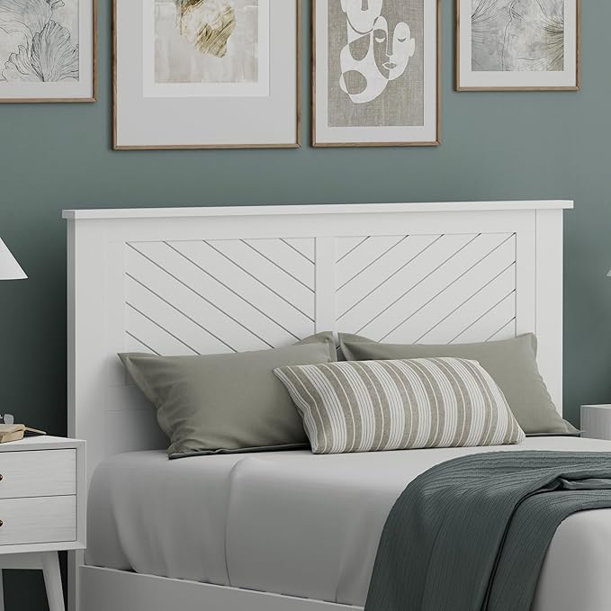 Serene Poplar Wood Full Headboard, Modern Farmhouse Panel with Chevron Scoring, Full Size Headboard in White, Casual Coastal Style, Easy Assembly, Quality Materials