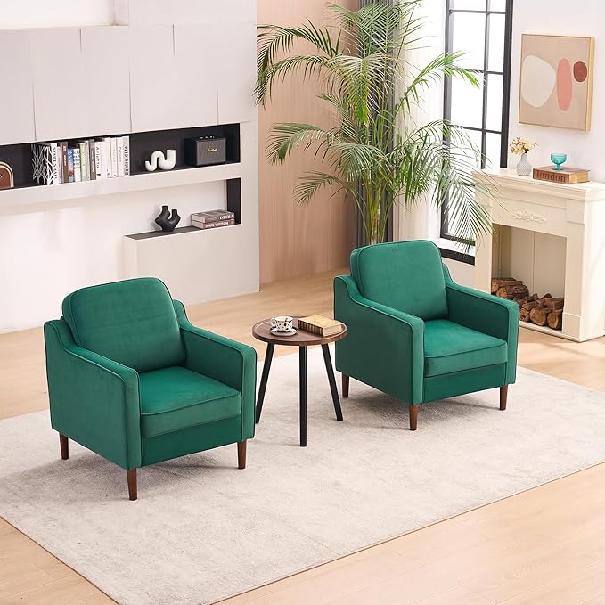 Mid Century Modern Accent Chair, Upholstered Reading Armchair for Living Room, Velvet Comfy Sofa Chair with Wood Legs for Bedroom, Office, Waiting Room, Green