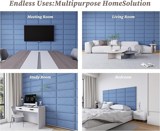 Fabric Light Blue Queen Headboard, 12PCS Wall Mounted Upholstered Panels, Stick-On Bed Wall Decor Backrest for Bedrooms, 10"x24" Each, Fabric - Light Blue