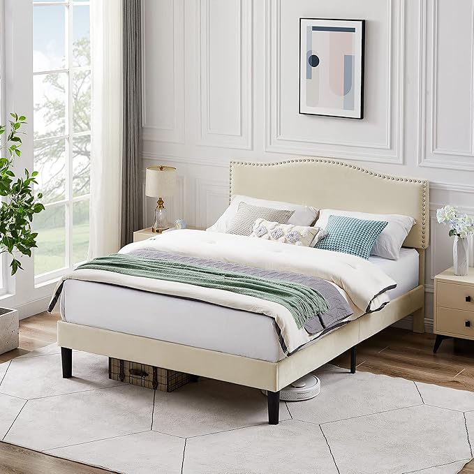 VECELO Queen Bed Frame Platform Bed Frame with Upholstered Headboard, Strong Frame and Wooden Slats Support, Strong Weight Capacity, Non-Slip and Noise-Free, Easy Assembly,Beige
