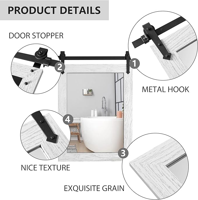 Farmhouse Bathroom Mirrors for Over Sink 26”x40” White Rustic Wall Decor Mirror for Vanity Barn Door Style Wall Mirror for Bathroom Entryway Living Room Bedroom