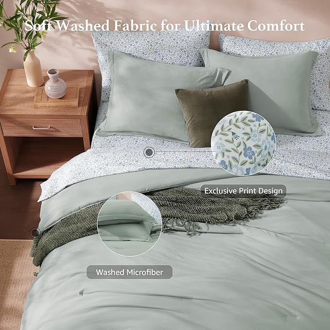 Monbix King Size Comforter Set - 7 Pieces Sage Green Prewashed Bed in a Bag King Bedding Sets with Comforters, All Seasons Down Alternative Comforter Bed Set with Sheets,Pillowcases & Shams
