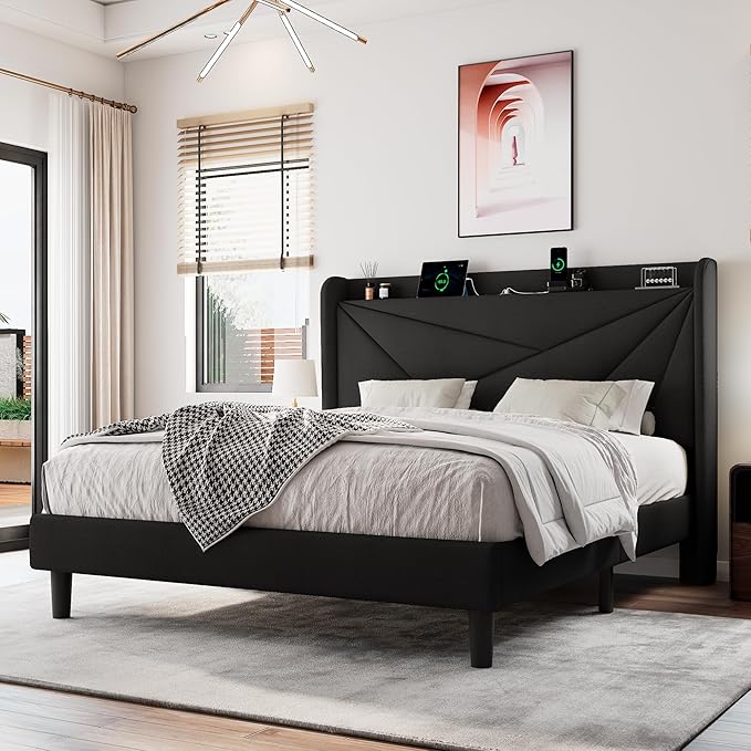 Queen Size Upholstered Bed Frame with Charging Station, Platform Bed Frame with Storage Headboard, Solid Wood Slats Support, No Box Spring Needed, Black