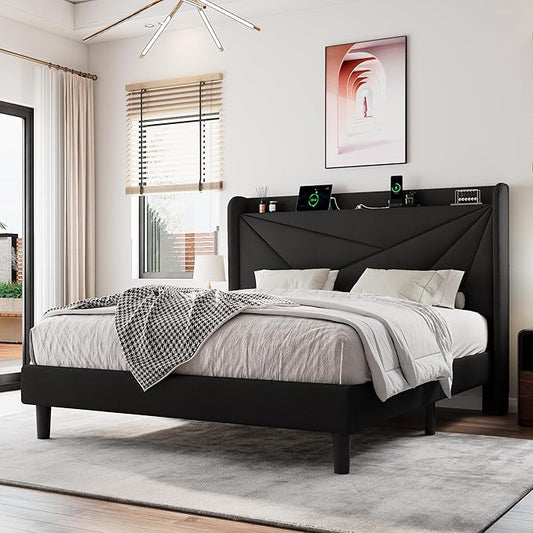 Full Size Upholstered Bed Frame with Charging Station, Platform Bed Frame with Storage Headboard, Solid Wood Slats Support, No Box Spring Needed, Black