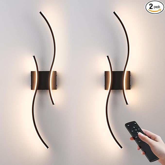 Battery Operated Wall Sconces Set of Two with Remote Control, Stepless Colors 3000K-6000K & Dimming, LED Black Wireless Wall Light for Living Room, Hallway, Bedroom, 31.5 Inch (2 Pack)