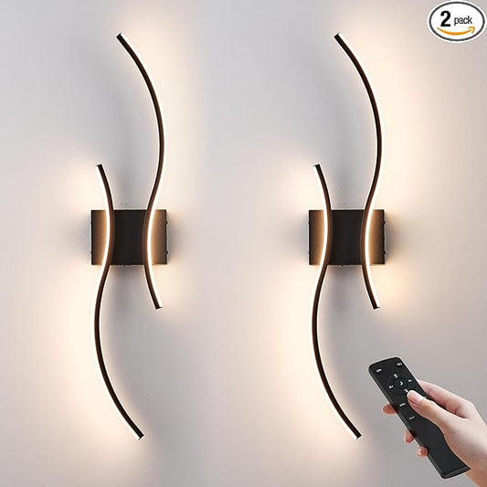 Battery Operated Wall Sconces Set of Two with Remote Control, Stepless Colors 3000K-6000K & Dimming, LED Black Wireless Wall Light for Living Room, Hallway, Bedroom, 31.5 Inch (2 Pack)