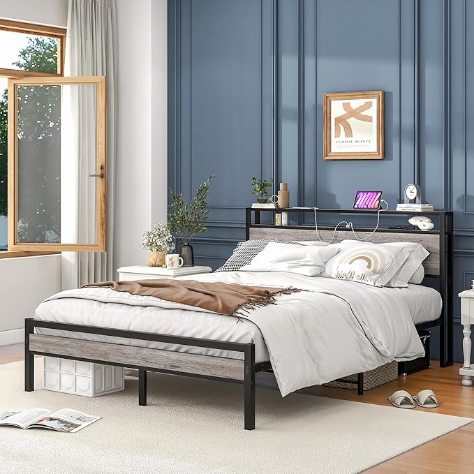 Queen Bed Frame with Storage Headboard/Power Outlets/USB Ports Charging Station,Metal Bed Frame Queen Size No Box Spring Needed,Under Bed Storage,Easy Assembly,Warm Grey