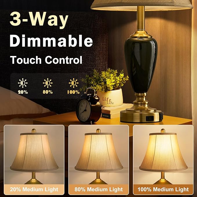 24" Ceramic Table Lamp with 3 Way Dimmable Touch Lamps - 2 USB Ports & AC Outlet Bedside Lamps, Modern Nightstand Lamp for Bedroom Living Room Office (Bulb Included) (Dark Green-2 Pack)