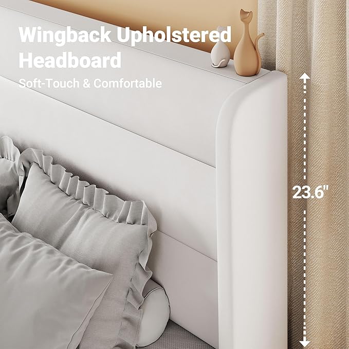 Allewie King Size Platform Bed Frame with Velvet Upholstered Wingback Headboard, No Box Spring Needed, Under Bed Storage Space, Strong Wooden Slats, Modern Mattress Foundation, Easy Assembly, White