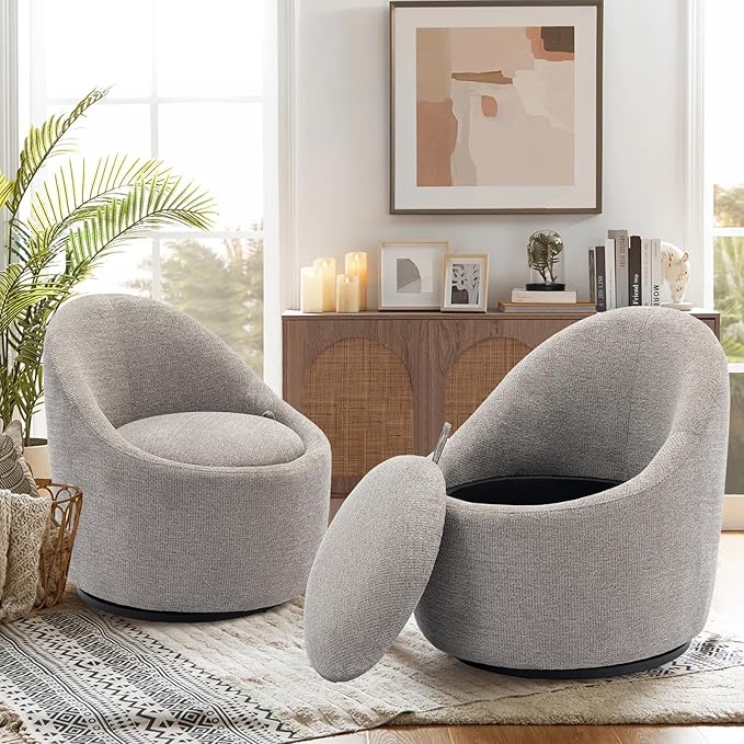 COLAMY Swivel Accent Chair Set of 2, 360° Swivel Round Chair with Hidden Storage, Modern Small Barrel Armchair for Living Room/Bedroom, LightGrey
