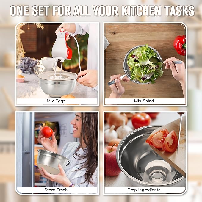 30PCS Mixing Bowls with Lids Set, Stainless Steel Nesting Bowls with Graters, Non-Slip Silicone Bottom, Large Khaki Bowls 7QT to 1QT & 21 Measuring Cups and Spoons Great for Mixing, Baking, Serving