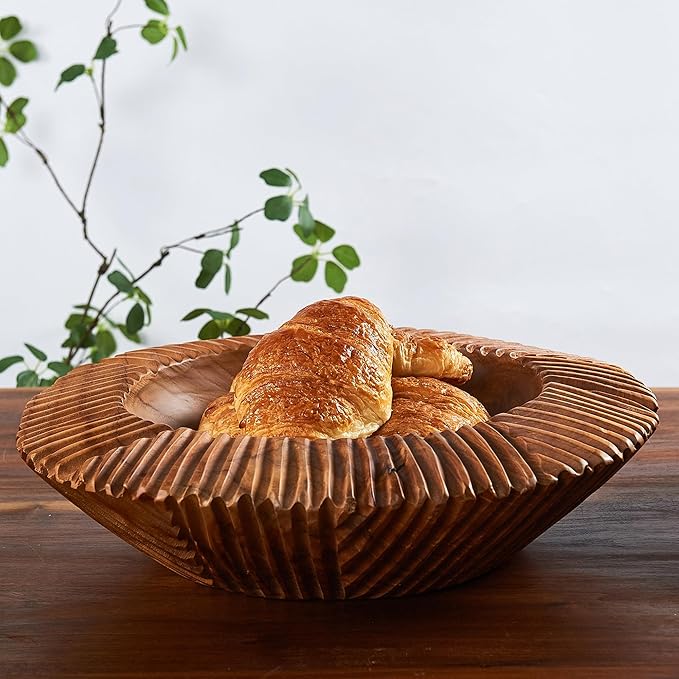 Teak Handcrafted Wooden Bowls Natural Wood Round Utility Bowl 10.9" W Handmade Rustic Serving Platter Fruit Snack Holder for Entry Table Vintage Artworks Dining Room Home Décor