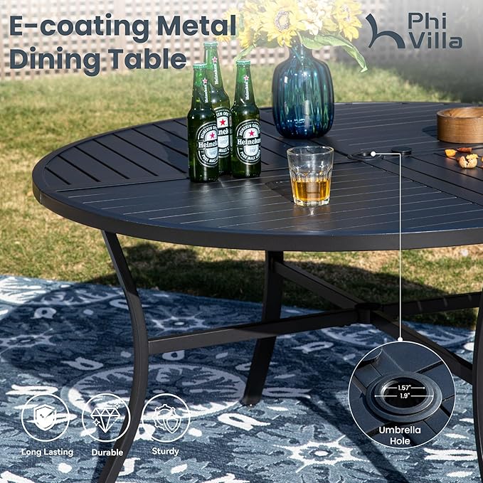 PHI VILLA 7 Piece Outdoor Patio Dining Set with 6 Padded Swivel Dining Chairs & 1 Large Round Dining Table, All Weather Dining Furniture Set for Lawn Garden (Blue)