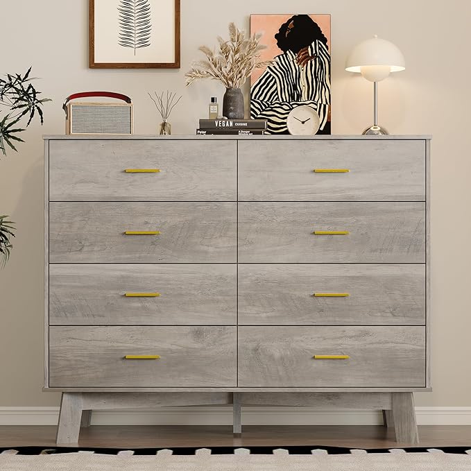 Dresser for Bedroom with 8-Drawer, 37" Tall Modern Chest of Drawers with Metal Handles, X-Shape Base & Adjustable Center Leg, Anti-Tip Closet Organizers and Storage