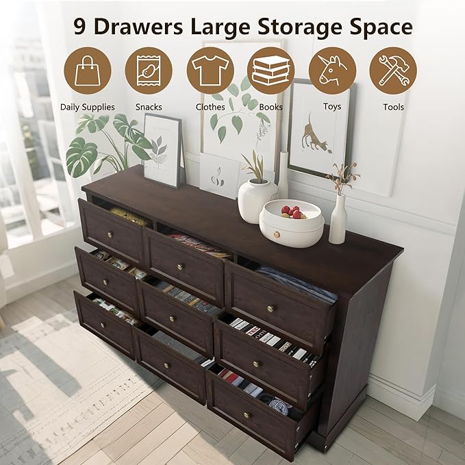 Farmhouse Dresser 9 Drawer, Bedroom Chest of Drawers, Dressers with 9 Drawers, Wooden Dressers for Bedroom, Living Room, Tv Stand, Entryway (Brown-9 Drawers)