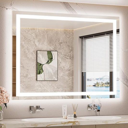 TETOTE LED Bathroom Mirror with Lights 40 x 32 Brighter Lighted Front and Backlit Led Vanity Antifog Light up Mirror for Bathroom, 3-Color Dimmable, Wall Mounted, Waterproof