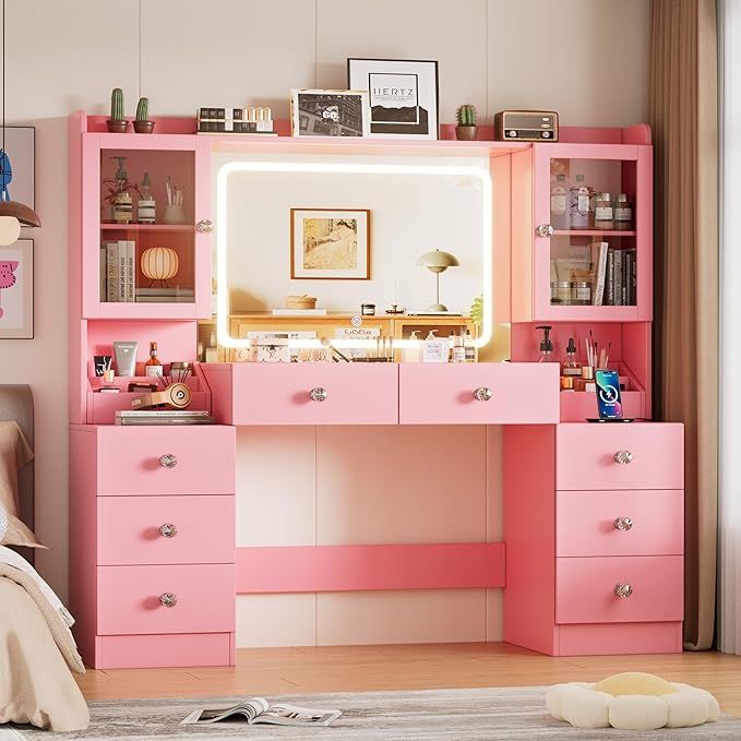 PAKASEPT 55.1" Large Vanity Desk with Mirror and Lights, Makeup Vanity with Power Outlet and 8 Drawers, 3 Lighting Modes Adjustable Vanity Table for Girl Women (Pink)