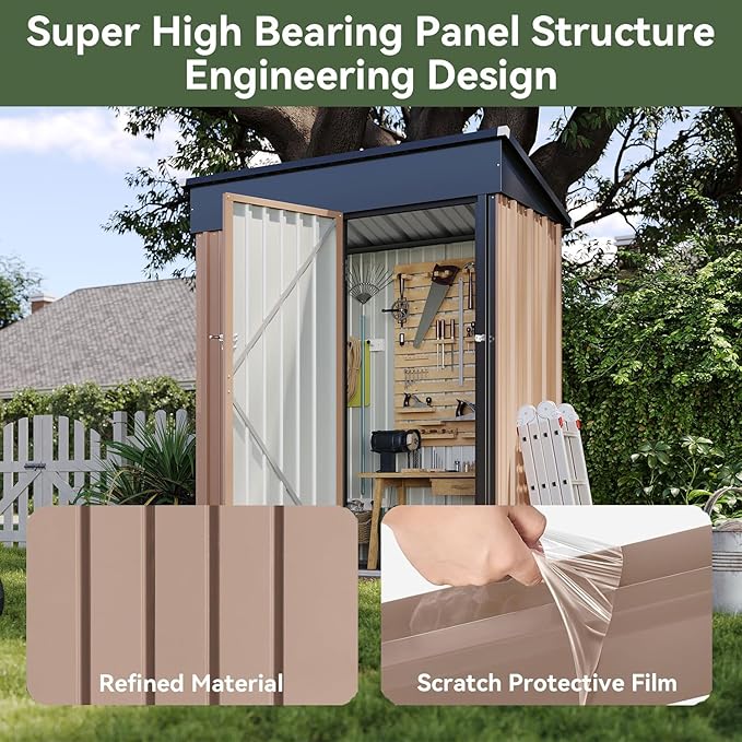 Aoxun 5x3 FT Shed Outdoor Waterproof Storage Shed Metal Garden Shed with Lockable Doors & Slooping Roof for Backyard, Patio, Poolside (Brown)