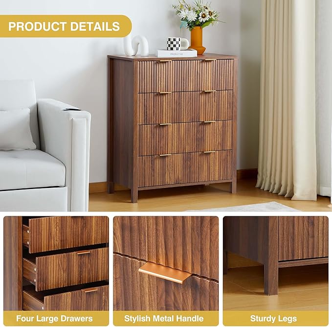 Fluted 4 Drawer Tall Dresser for Bedroom, Mid Century Modern Nightstand with Drawers, Tall Bedside Table for Closet Cloth, Living Room End Table with Storage for Dorm -Walnut