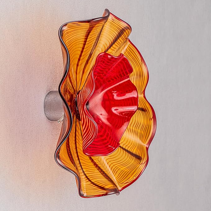 Hand Blown Glass Plate Wall Decor, Modern Unique Glass Wall Art, Lotus Leaf Wall Plate Shape Wall Sconce with Transparent and Easy to Clean for Staircase, Living Room, Kitchen, Hallway (Orange-1)