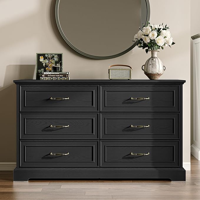 Farmhouse 6 Drawers Dresser for Bedroom, 48" Wide Modern Chest of Drawers with Deep Drawers & Bar Handles, Rustic Wood Dresser TV Stand, Wooden Closet Storage Organizer for Living Room, Hallway, Black