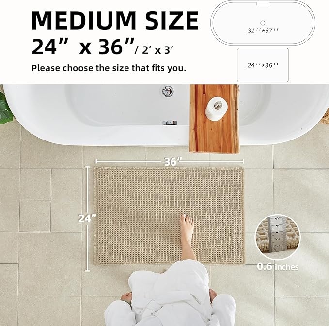 Pale Beige Bathroom Rug, Waffle Bath Mat Non Slip Washable Super Absorbent Quick Dry Boho Farmhouse Bathroom Decor, 36''x24'' Pale Beige