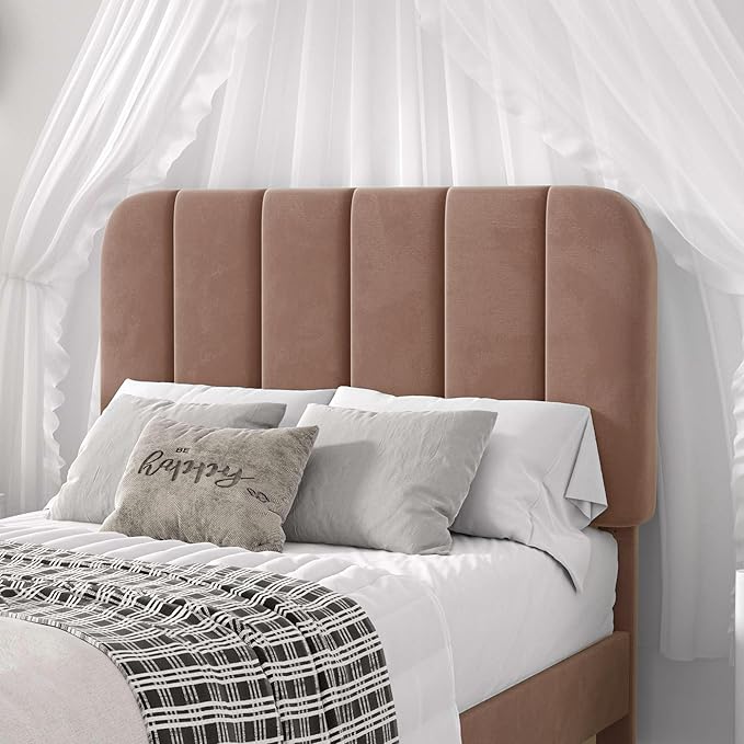 VECELO Twin Size Bed Frame with Upholstered Headboard, Velvet Platform Bedframe Mattress Foundation, Strong Wood Slat Support, No Box Spring Needed,Warm Brown