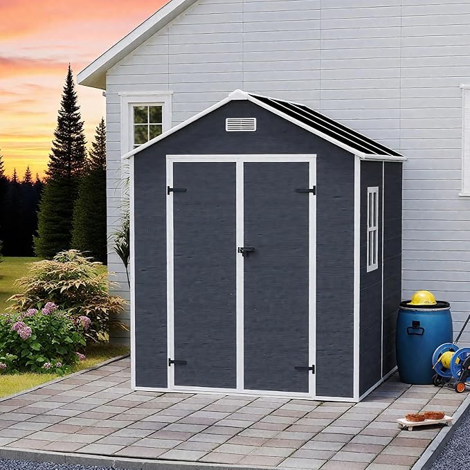 6x6 FT Outdoor Storage Resin Shed with Floor, Plastic Garden Tool Shed with Sloped Roof, Lockable Door & Windows, Easy to Assemble Bike Shed for Lawn, Backyard, Patio, Black