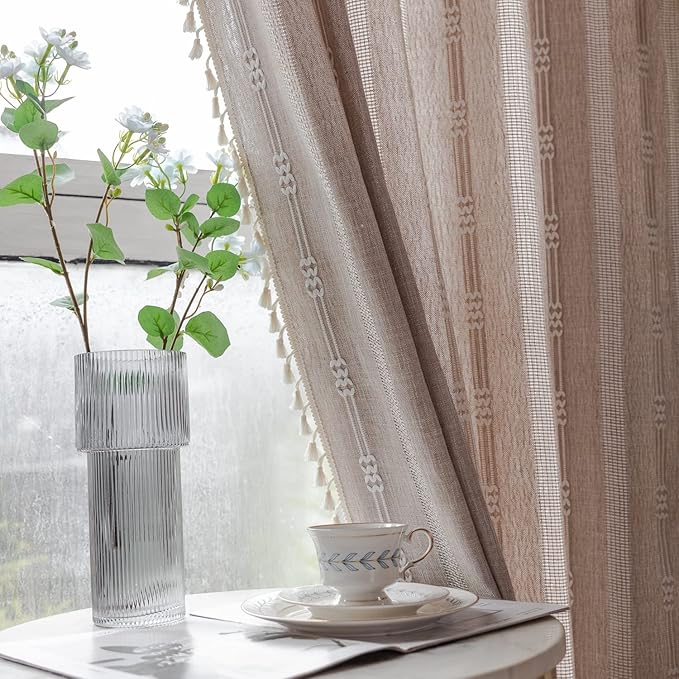 Linen Curtains 63 Inch Length 2 Panels for Living Room Embroidery Khaki Boho Curtains for Bedroom Rustic Farmhouse Tassel Light Filtering Window Curtains Rod Pocket Drapes (52" W x 63" L,Khaki)