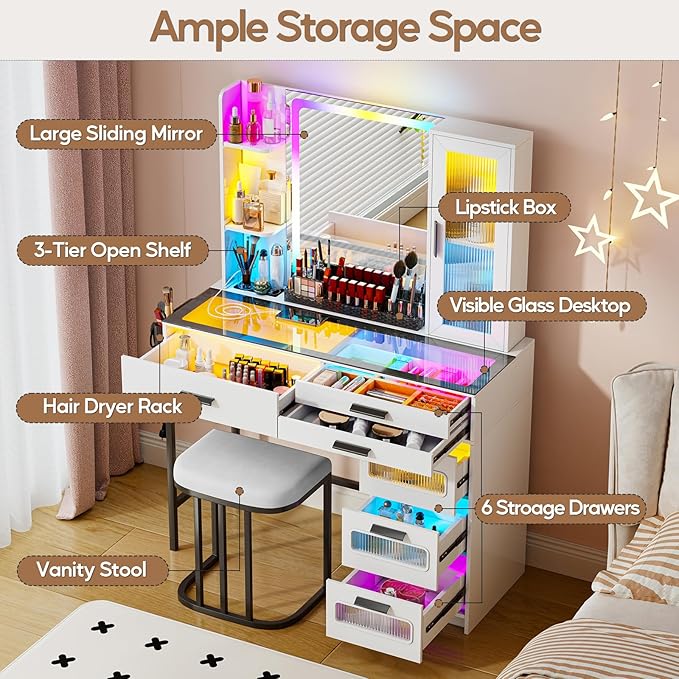 Makeup Vanity Desk with Mirror and RGB Lights,Glass Top Vanity Table with Wireless Charging & Stool,Vanity Set with 6 Drawers & Storage Cabinet & Makeup Organizer，Bedroom（White）