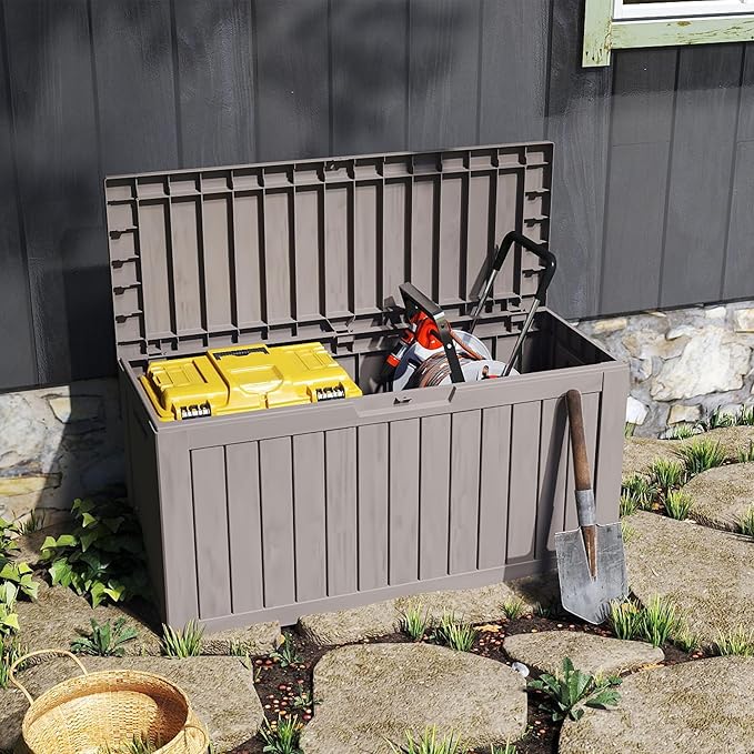 80 Gallon Outdoor Storage Box with Wheels, Waterproof Lockable Resin Deck Box Patio Storage Bin for Pool Accessories Cushion Furniture, Garden Tools, UV-Resistant Outside Delivery Grey