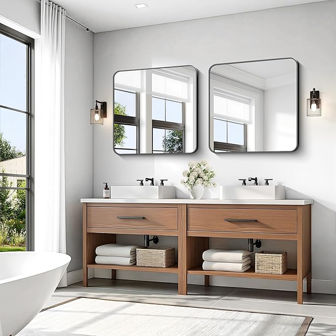 KOCUUY 30"x30" Square Rectangle Vanity Mirror, Black Metal Frame Mirror with Rounded Corner, Modern Design of Upgraded Shatterproof Glass for Bathroom, Bedroom, Living Room, Entryway