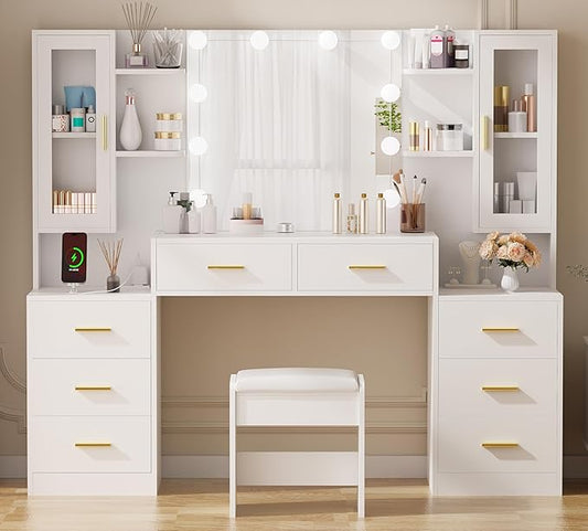 ANWBROAD 59.1" Large Vanity Desk Table with Mirror & Lights White Makeup Vanity with Power Outlet and 8 Drawers 3 Lighting Modes Adjustable Vanity Table for Girl Women Bedroom Dressing Room UBDT67W
