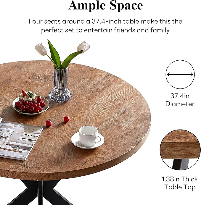 NORDICANA 5-Piece Dining Table Set for 4 - Space Saving 37-Inch Round Table and Chairs, 4 Seaters Dining Set with Upholstered Dining Chairs (Forest Green)