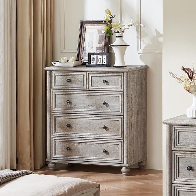 WYHG Farmhouse 5 Drawer Dresser for Bedroom, 35.5" Tall Small Dressers & Chest of Drawers, Rustic Wood Dresser with Roman Column, Storage Organizer for Living Room, Hallway, Closet (Grey)