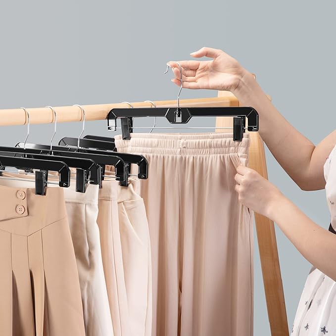 HOUSE DAY Black Pants Hangers with Clips 12 Pack, Plastic Skirt Hangers for Women, 14 Inch Clip Hanger for Pants, Skirts, Jeans, Shorts, Legging, with 360-degree Swivel Hook, 2 Adjustable Clips