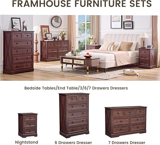 Farmhouse 7 Drawers Dresser for Bedroom with Charging Station, Rustic 7 Chest of Drawers, Wood Dressers for Closet, Modern Storage Organizer Cabinet for Living Room,Hallway & Entryway, Cherry Red