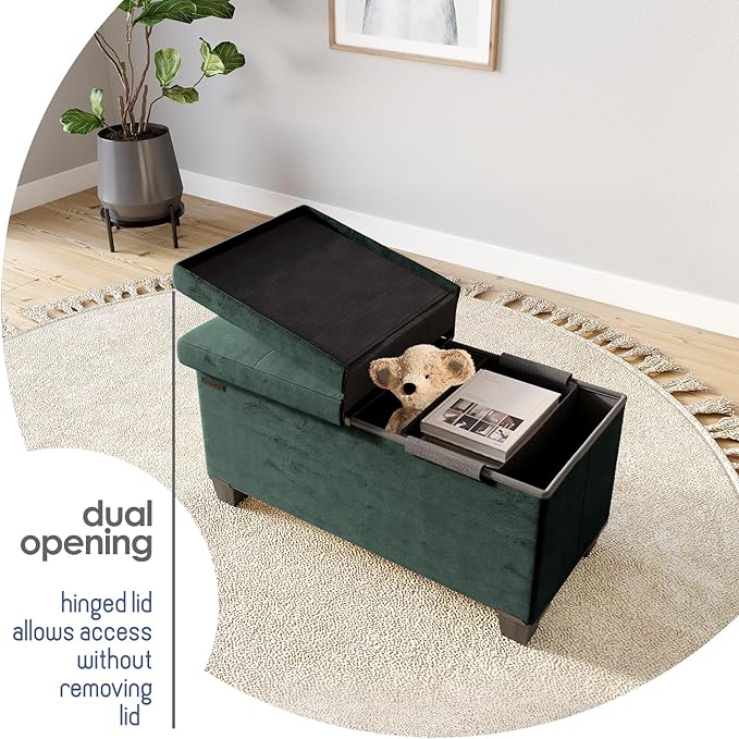 STORAGEBUD Storage Ottoman Bench with Bins, 30-in Storage Bench for Bedroom End of Bed, Folding Foot Rest Ottoman for Living Room Max 660lbs, Velvet Ottomans, Green